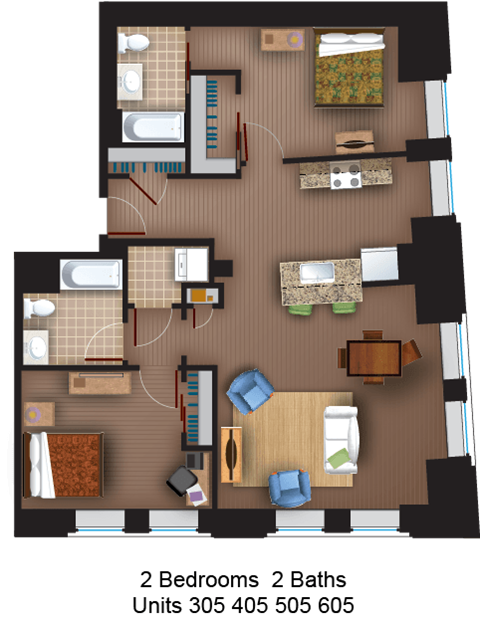 Floor plan for 2 beds, 2 baths, 1169 sqft